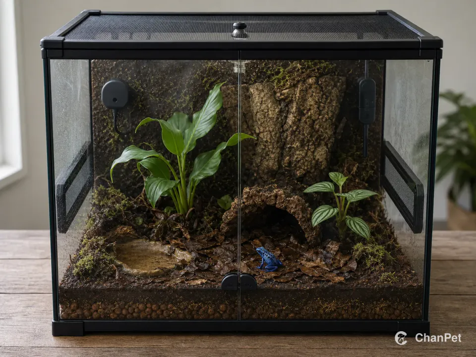 A small blue poison dart frog sits on leaf litter inside a complete glass terrarium with mesh ventilation, climate monitors, a misting nozzle, drainage substrate and a few live plants.