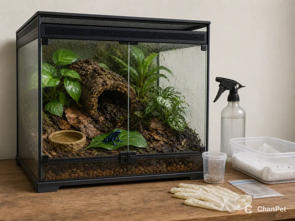A blue-and-black dart frog rests on a leaf inside a closed ventilated terrarium beside live food, a backup mister, transport tub, and clean gloves