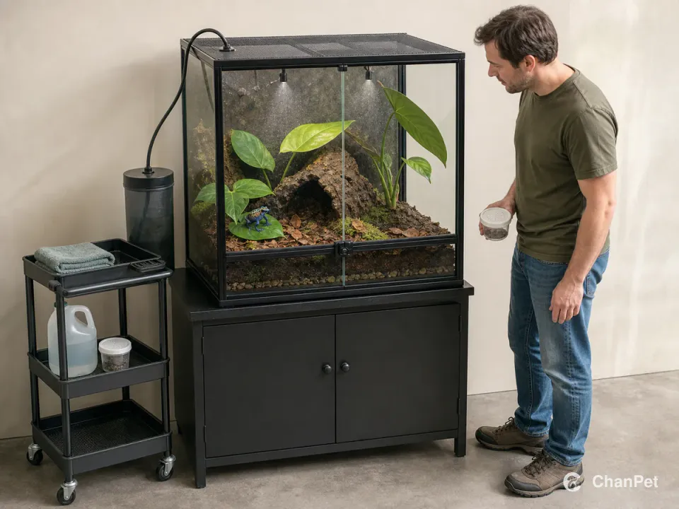 A blue dart frog rests inside a closed vivarium while the mister runs and a caretaker inspects it with live food ready.