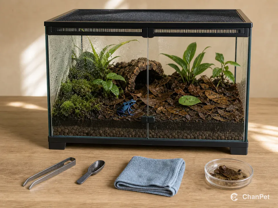 A blue-and-black dart frog rests in the damp leaf layer of a closed ventilated terrarium beside neatly arranged spot-cleaning tools