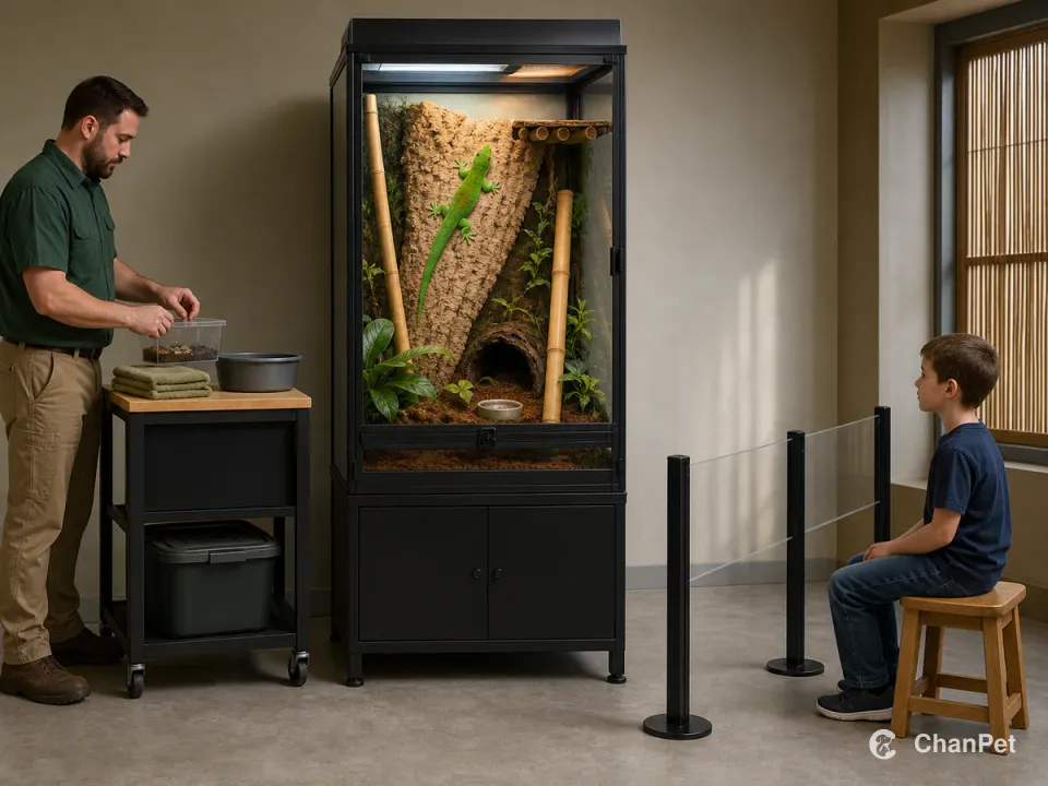 In a professional observation room, an adult organizes feeder insects and hygiene supplies beside a closed tall enclosure while a child watches the climbing giant day gecko from behind a complete transparent barrier.
