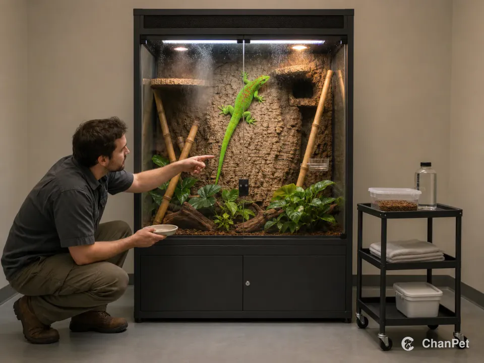 In a professional care room, timed light and mist run inside a closed tall enclosure while a caregiver checks the giant day gecko, feeding cup, and moisture through the glass.