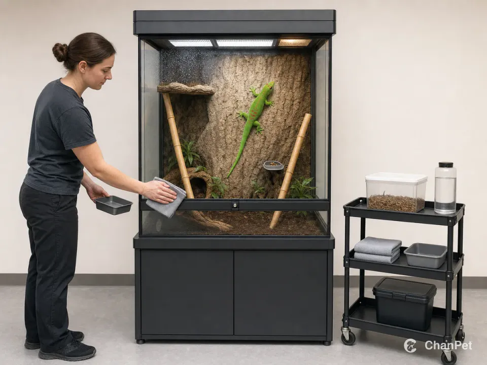 In a dedicated reptile hygiene area, a caregiver wipes a water mark from the outside of a closed tall enclosure while supplies stay organized beside it.