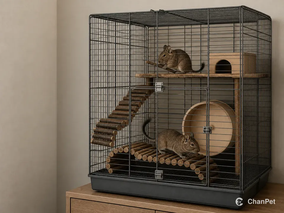 Two tuft-tailed degus move inside a closed tall metal-wire cage with upper platforms, a tunnel route and a running wheel.