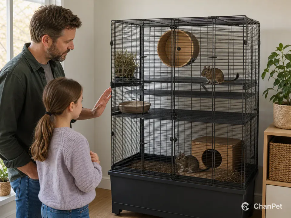 An adult and child watch two degus from outside a closed tall wire cage while the adult gestures to keep a little distance.