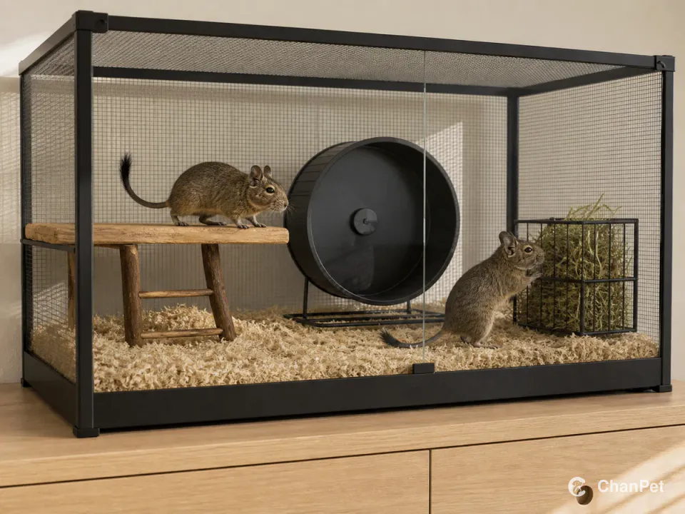 Two degus move through a ventilated closed enclosure with hay held in a rack and dry, tidy bedding below.