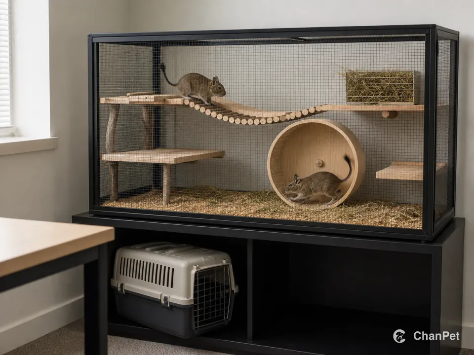 Two degus stay active in a settled ventilated enclosure during the day, with a plain closed travel carrier stored below.