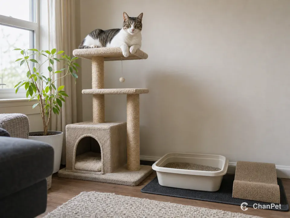 A domestic shorthair resting on a cat tree by an apartment window, with a stable litter area and a scratcher nearby