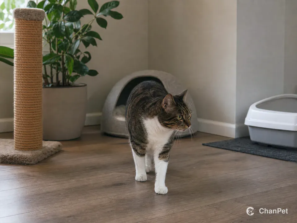 A tabby-and-white cat walking past a quiet bed, scratching post, and litter box