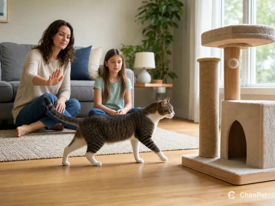A short-haired house cat walks toward a cat tree while an adult and child observe from a distance.