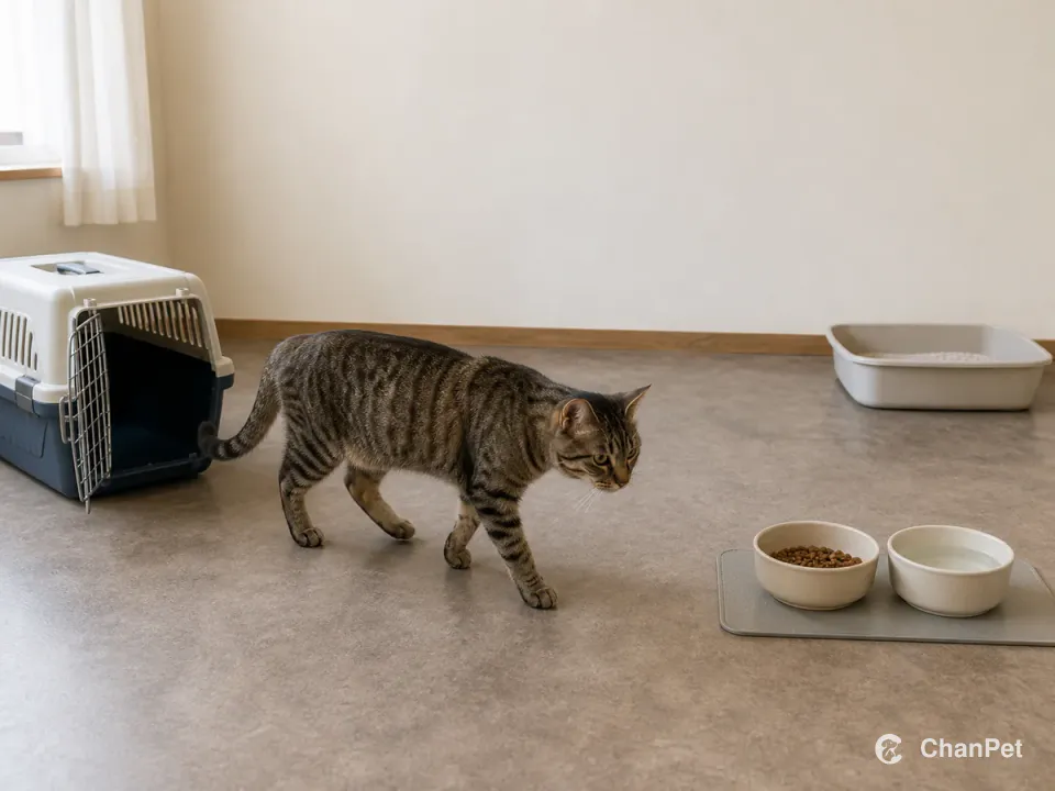 An adult brown tabby domestic shorthair walking past an open carrier, with a food-and-water station separated from a litter tray across the room.