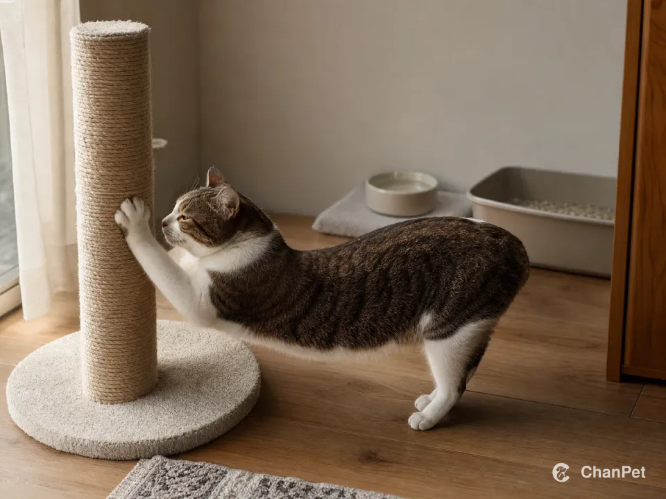 A tabby-and-white cat stretching on a scratching post beside water and a clean litter tray
