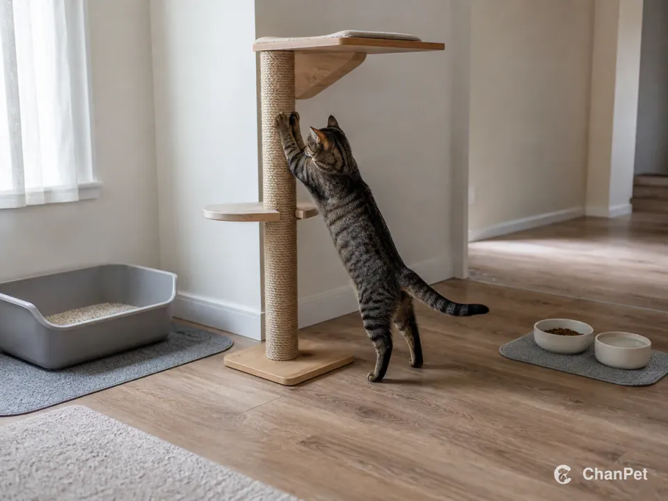 A brown tabby domestic shorthair stretches on a scratching post; an open litter tray is on one side and food and water sit on a separate mat farther away.