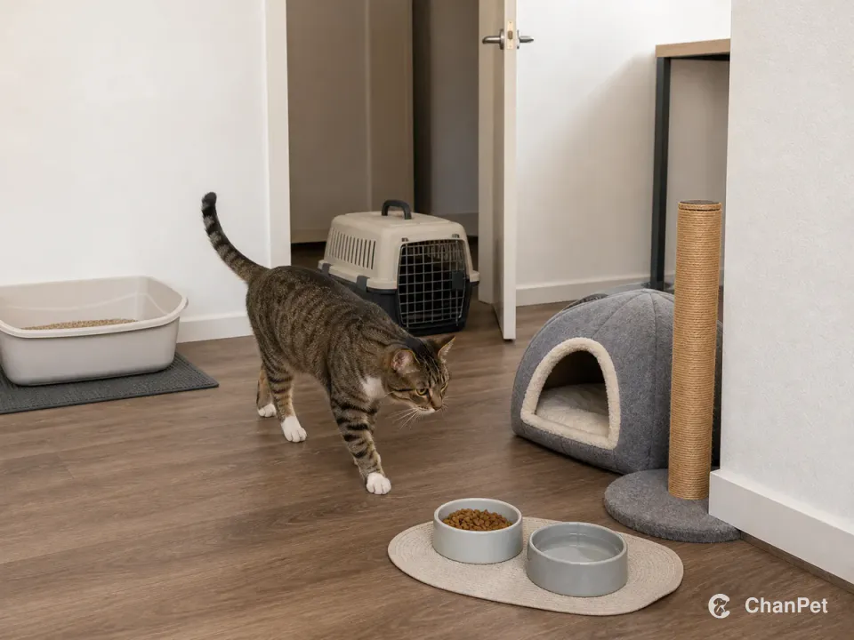 A domestic shorthair walks from its resting space toward separate food and water, with a litter tray, scratcher, and closed travel carrier nearby.