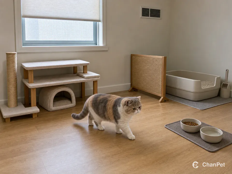 一只异国短毛猫沿公寓中央通道行走，遮阳通风窗下设有低平台、抓柱和遮蔽床，猫砂箱与食水分别位于房间两侧