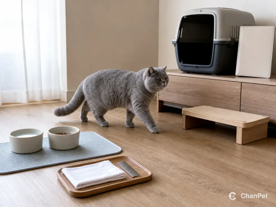 一只成年异国短毛猫在餐后从分开放置的食水碗旁走向开放运输箱,沿途有稳定低台阶,木托盘上备有洁净软布和金属梳,柜上放着空白健康资料夹。猫闭口平稳行走,眼周、被毛、四足和完整粗尾均清晰可见。