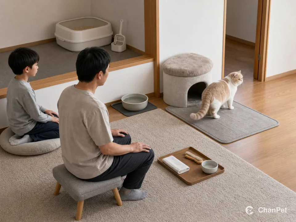 成人和孩子坐在远处观察一只走向安静退路的异国短毛猫
