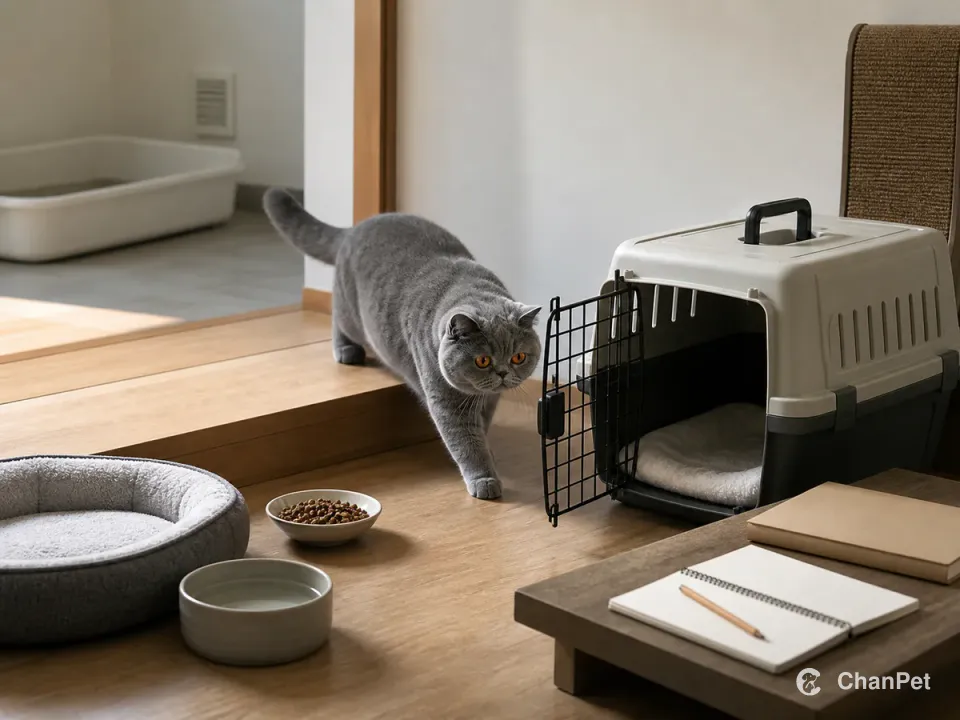 A blue-gray Exotic Shorthair walks toward a fully open carrier beside a blank notebook and record folder, with food, water, bed, and litter in separate places