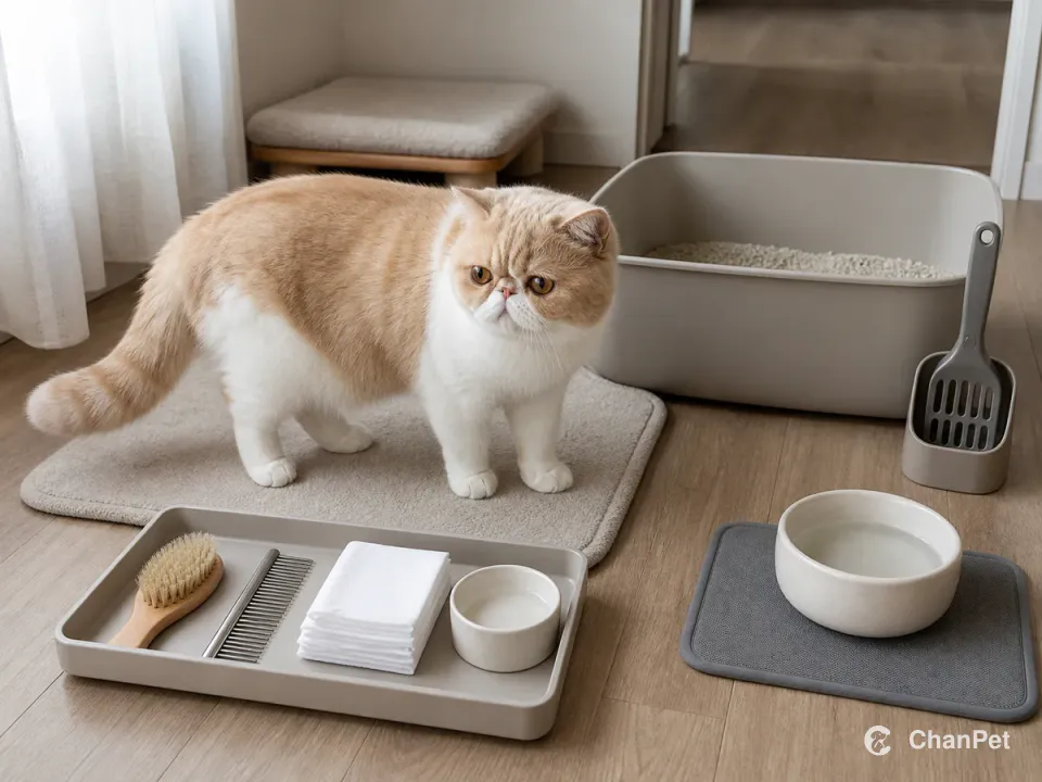An Exotic Shorthair stands beside a litter box, water bowl and grooming care tray