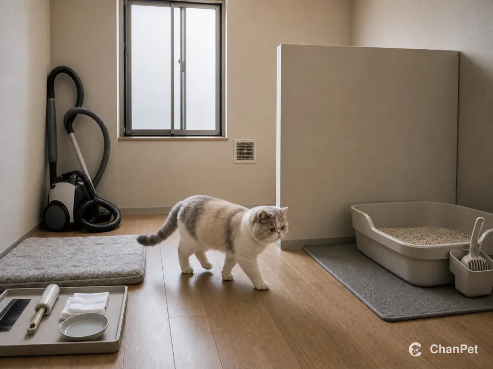 一只异国短毛猫走过通风的照护角，旁边分区放着可洗休息垫、梳理用品、收好的吸尘器和猫砂箱