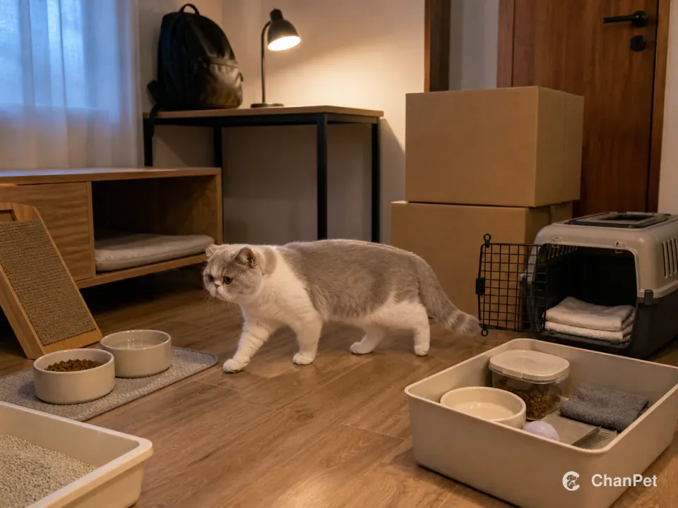 In an early-evening student room, an adult Exotic Shorthair walks from separate food and water dishes toward a low resting shelf. An open litter tray, scratching board and closed backpack sit farther away, while an open carrier, blank moving boxes and a backup-care tote hold food, a spare dish, soft cloth, comb and ball near the door.