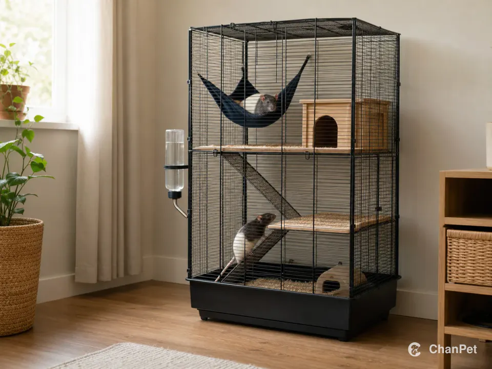 Two fancy rats move inside a closed tall metal-wire cage with hammocks, a hide, climbing levels, and bedding in an airy apartment corner.