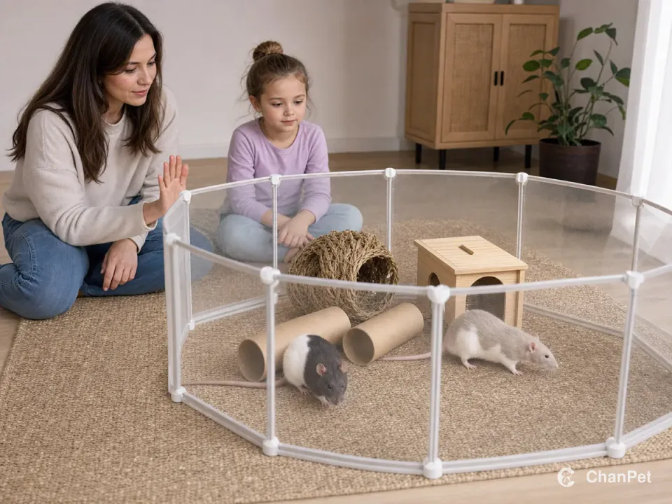 Two fancy rats explore paper tubes and a hide in an indoor playpen while an adult and child sit outside the barrier.