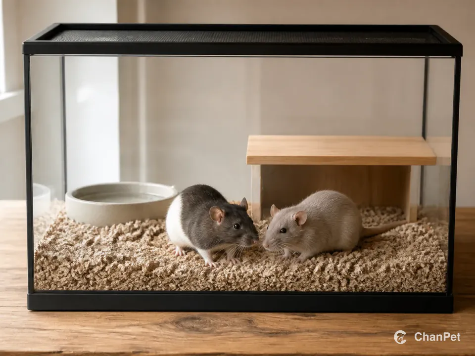 Two fancy rats together in a glass habitat with paper bedding, a wooden shelter and water bowl