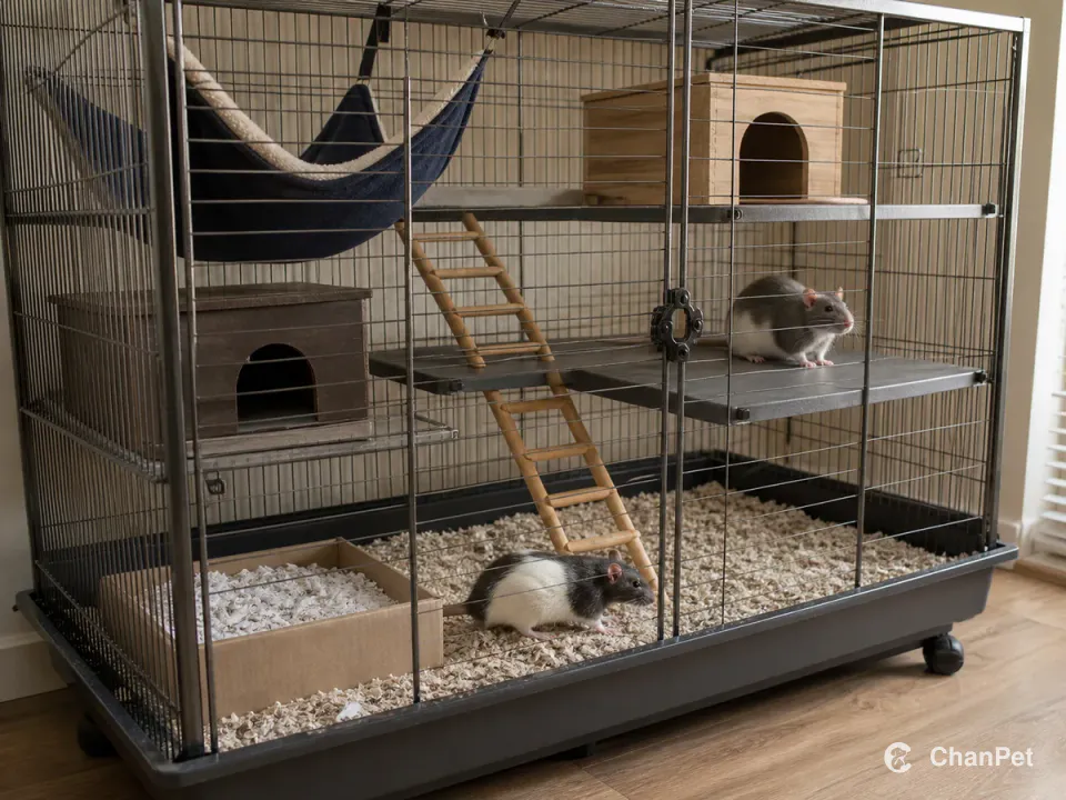 Two fancy rats use the fresh lower bedding and a solid high shelf in a closed wire cage with a hammock, hides and a climbing ladder.