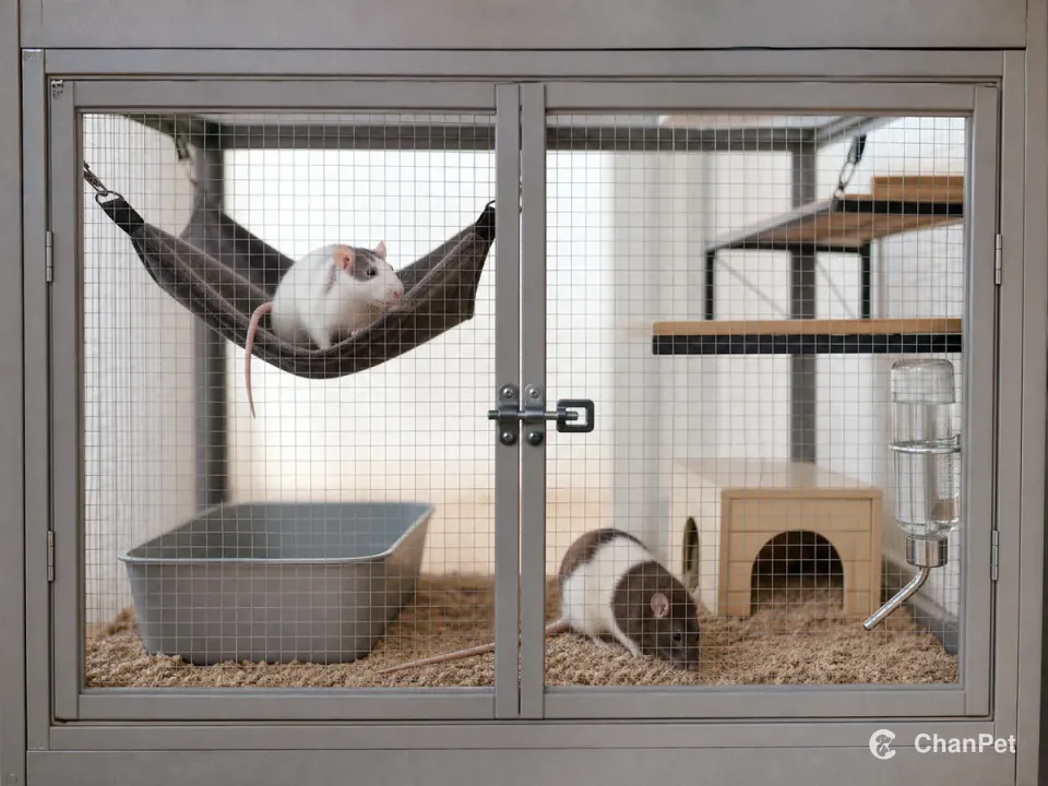 Two fancy rats inside a fully closed enclosure, with a hammock and paper bedding
