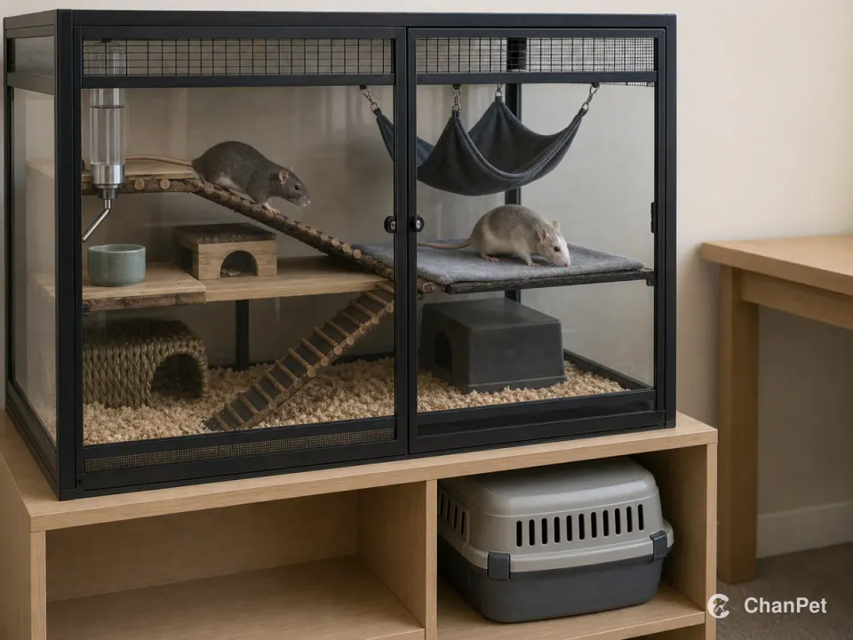 Two fancy rats in a settled multi-level enclosure with a plain closed travel carrier stored beneath it.