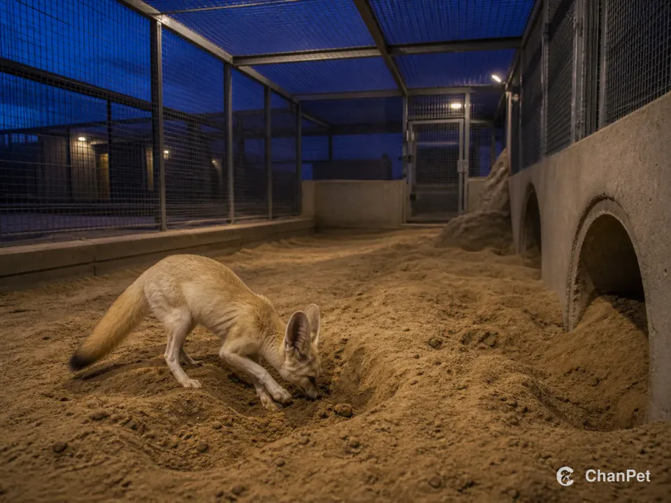 A fennec fox digs in deep sand inside a professional night enclosure with mesh roof, continuous containment, den entrances and a double management gate.