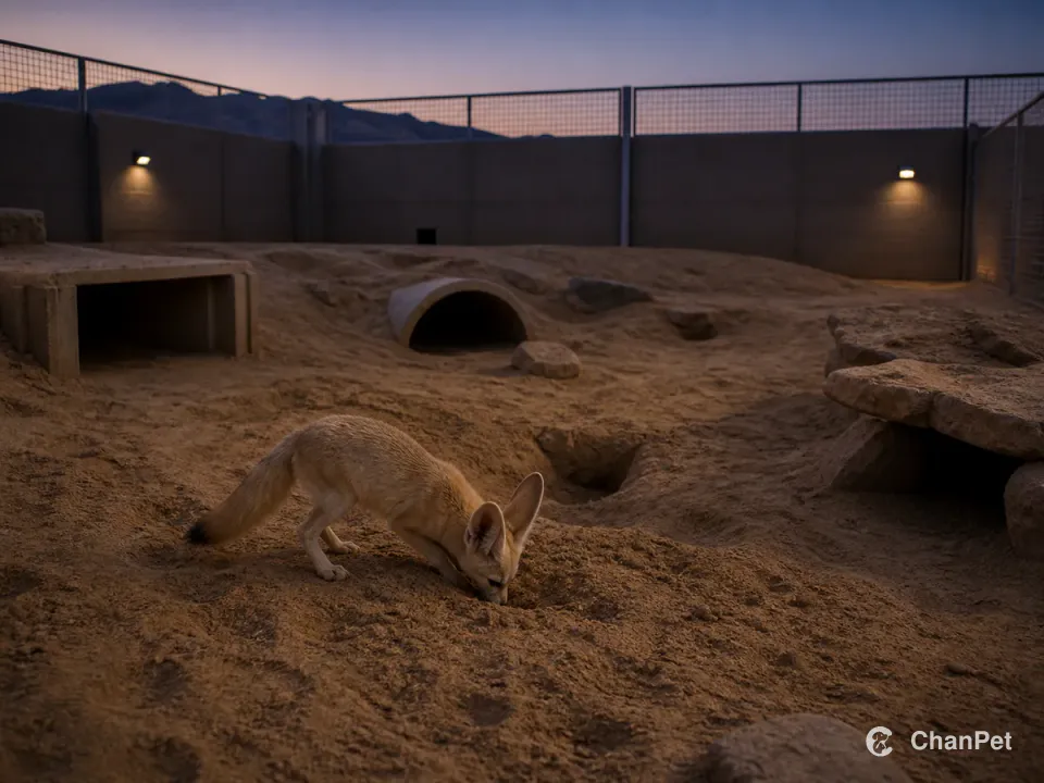 A fennec fox digs in deep sand within a specialist welfare enclosure with several den choices and continuous barriers.