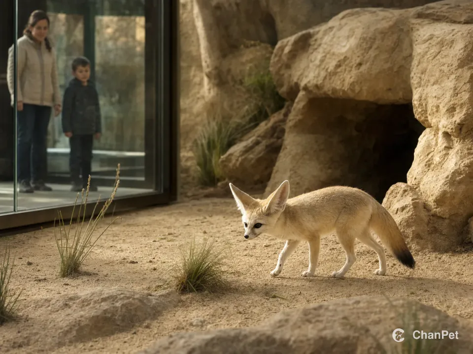 An adult and child watch a fennec fox move through a naturalized enclosure from behind a viewing window.