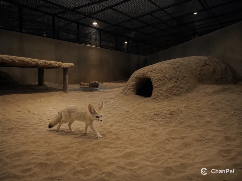 A fennec fox moving through a specialist sand welfare habitat with deep sand, a den-like shelter, water and continuous secure boundaries.