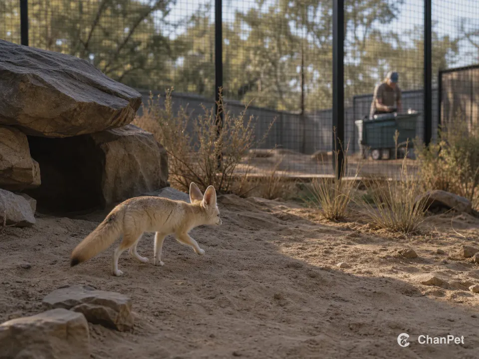 A fennec fox moves through a professional sandy enclosure with a fence and rock shelter while a distant care worker prepares cleaning supplies outside the barrier.
