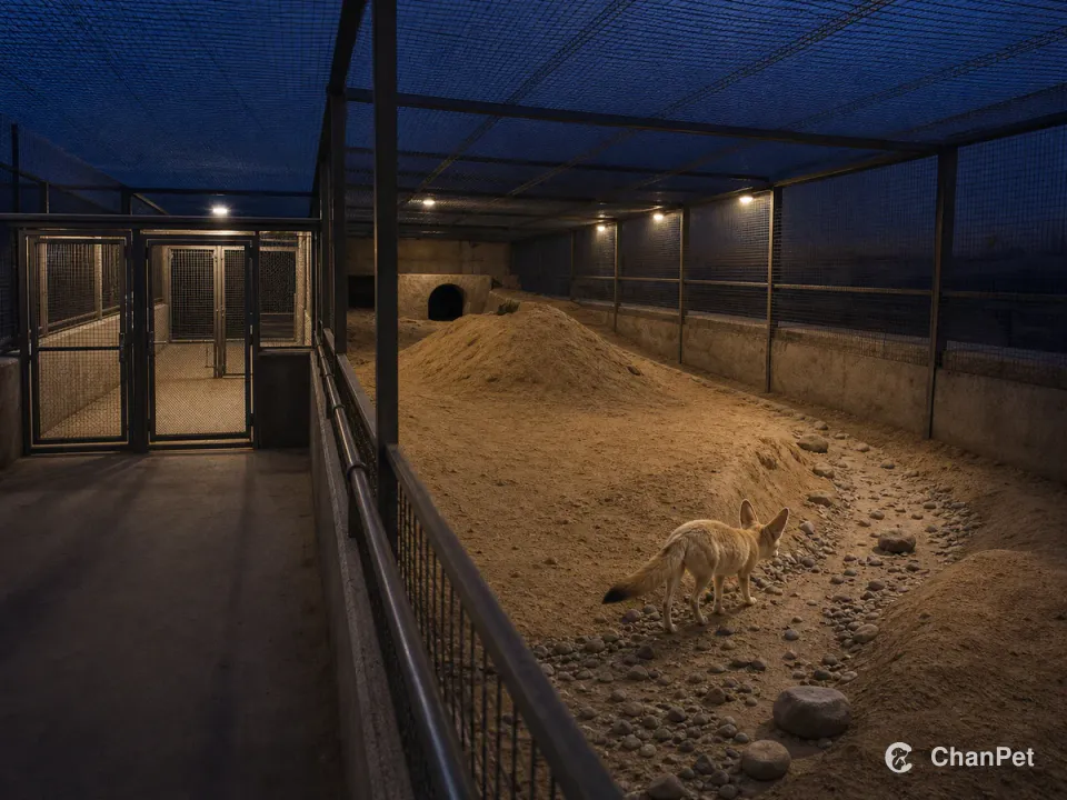 A fennec fox explores a gravelly night-search route in a professional enclosure, with a den, deep-sand digging zone and double management gate beyond.