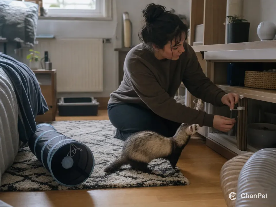 A caregiver checks cabinet latches before a ferret explores the room.