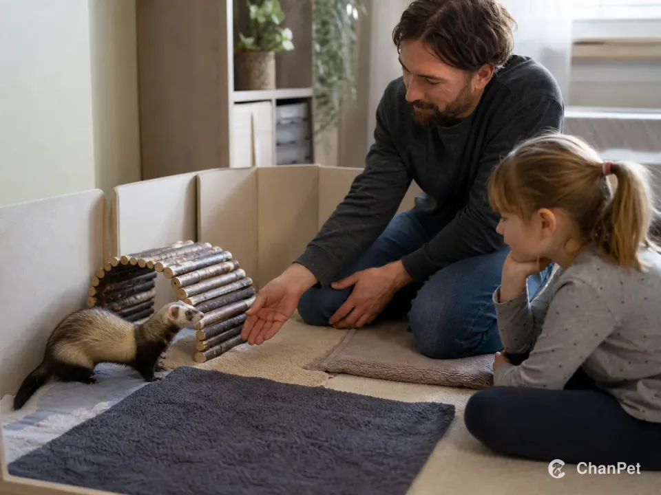 An adult guides a child to observe a ferret calmly beside a play pen.