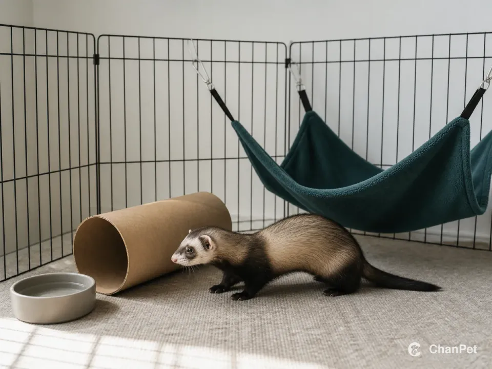 A ferret exploring a cardboard tunnel in a pen beside a hammock and water bowl.