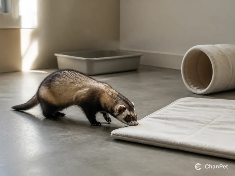 A healthy ferret sniffs a washable resting mat in a tidy activity area.