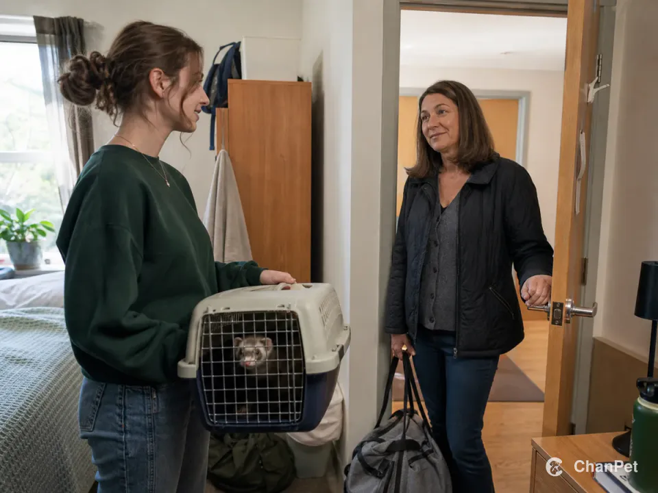 A student hands a ferret in a closed carrier to an arranged backup caregiver.
