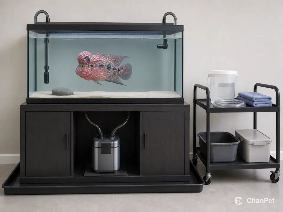 A flowerhorn tank stands on a broad cabinet inside a raised waterproof tray while an accessible canister filter and a wheeled water-change station support apartment maintenance.