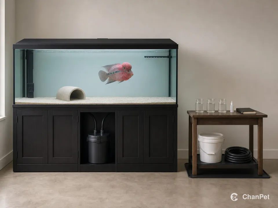 An adult flowerhorn swims in a large independent aquarium with mature filtration, water samples, records, and water-change equipment