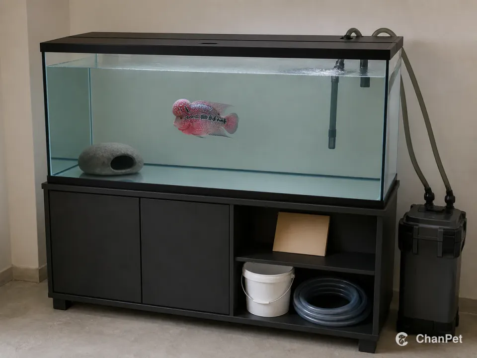 A flowerhorn swims in a complete large tank connected to mature filtration, with water-change tools and an emergency folder stored below.