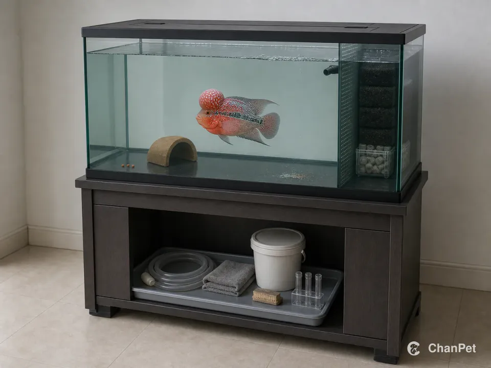An adult flowerhorn swims in a complete large aquarium with an integrated filter chamber and water-change tools stored below