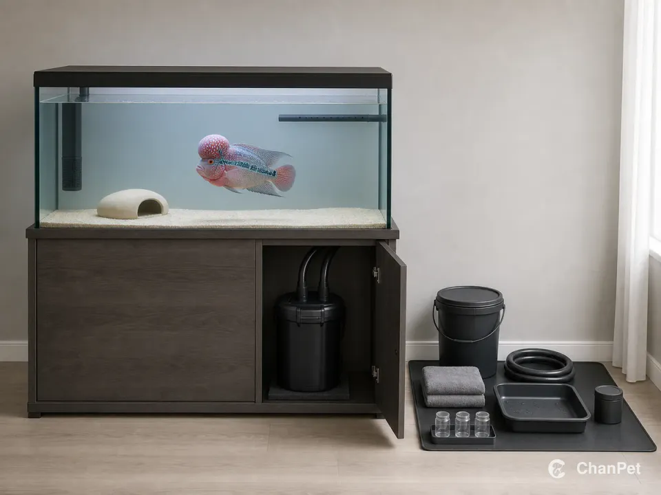 一条成年罗汉鱼在大型水族箱中游动，隔振过滤、换水桶、软管、毛巾和水样集中在固定维护区