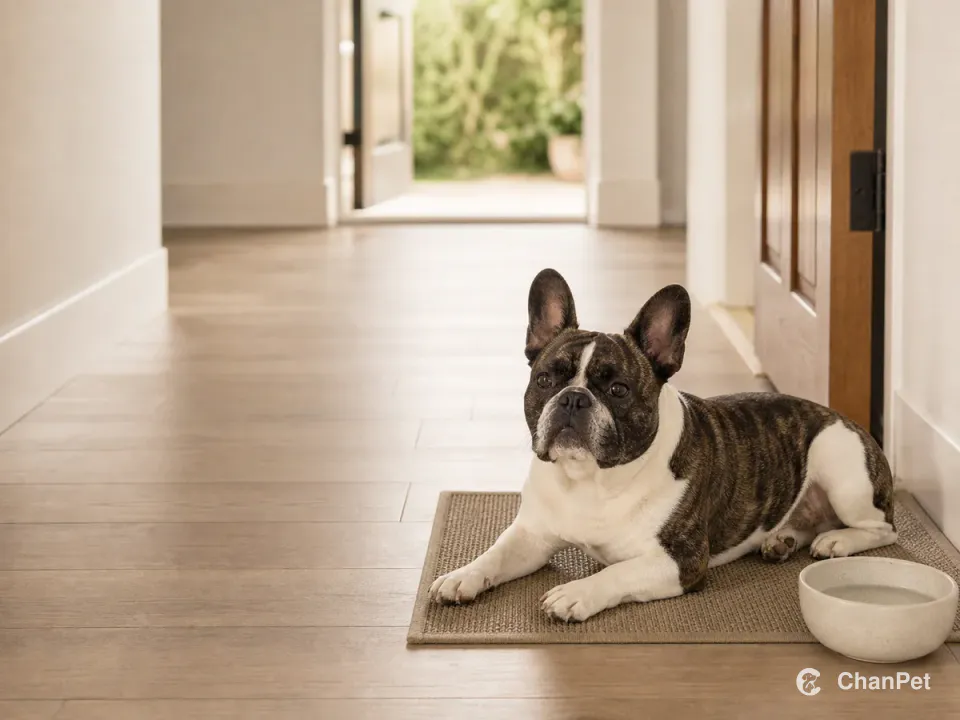 A French Bulldog rests on an apartment mat beside a clear route from the entry to water and its resting area.