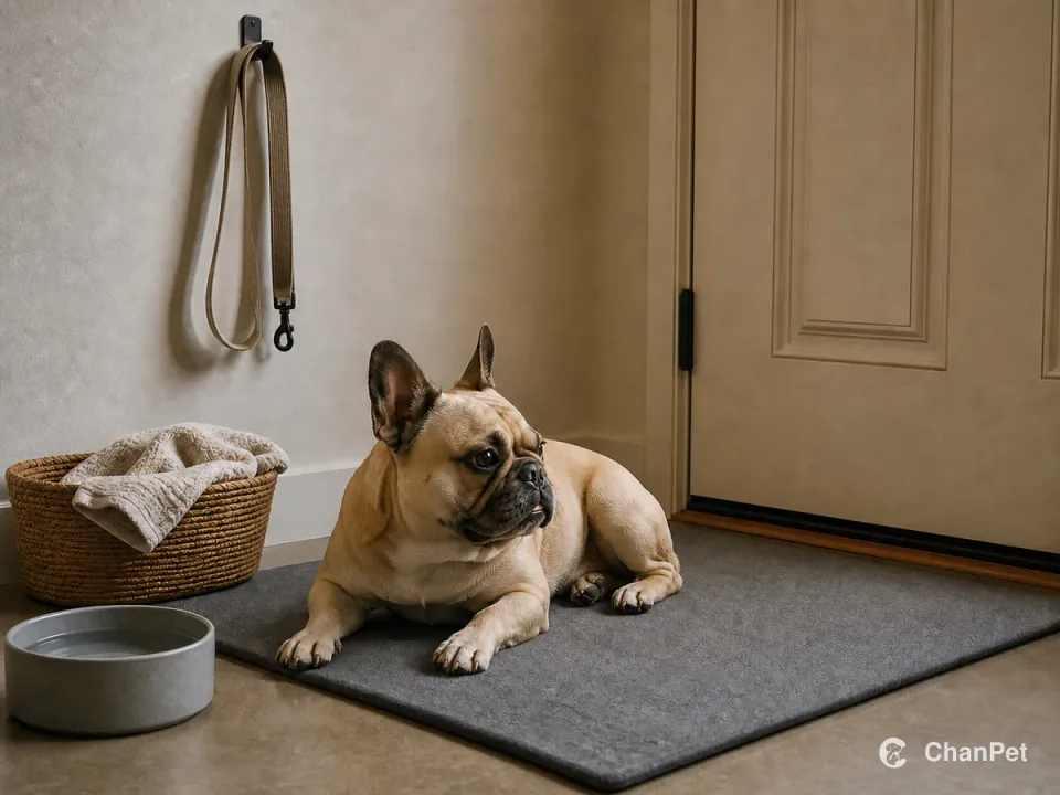 An adult French Bulldog rests calmly on a cool mat inside a closed front door, with water, a paw towel, and a plain stored leash nearby.