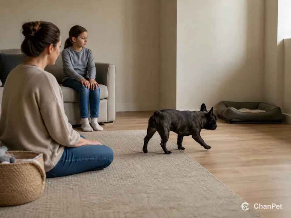 An adult French Bulldog follows a clear path toward its own bed while an adult supervises nearby and a child waits on the sofa with both hands on their knees.